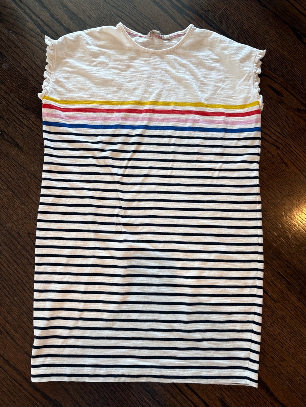 Boden White Striped Mini Dress with Navy, Pink & Yellow Accents